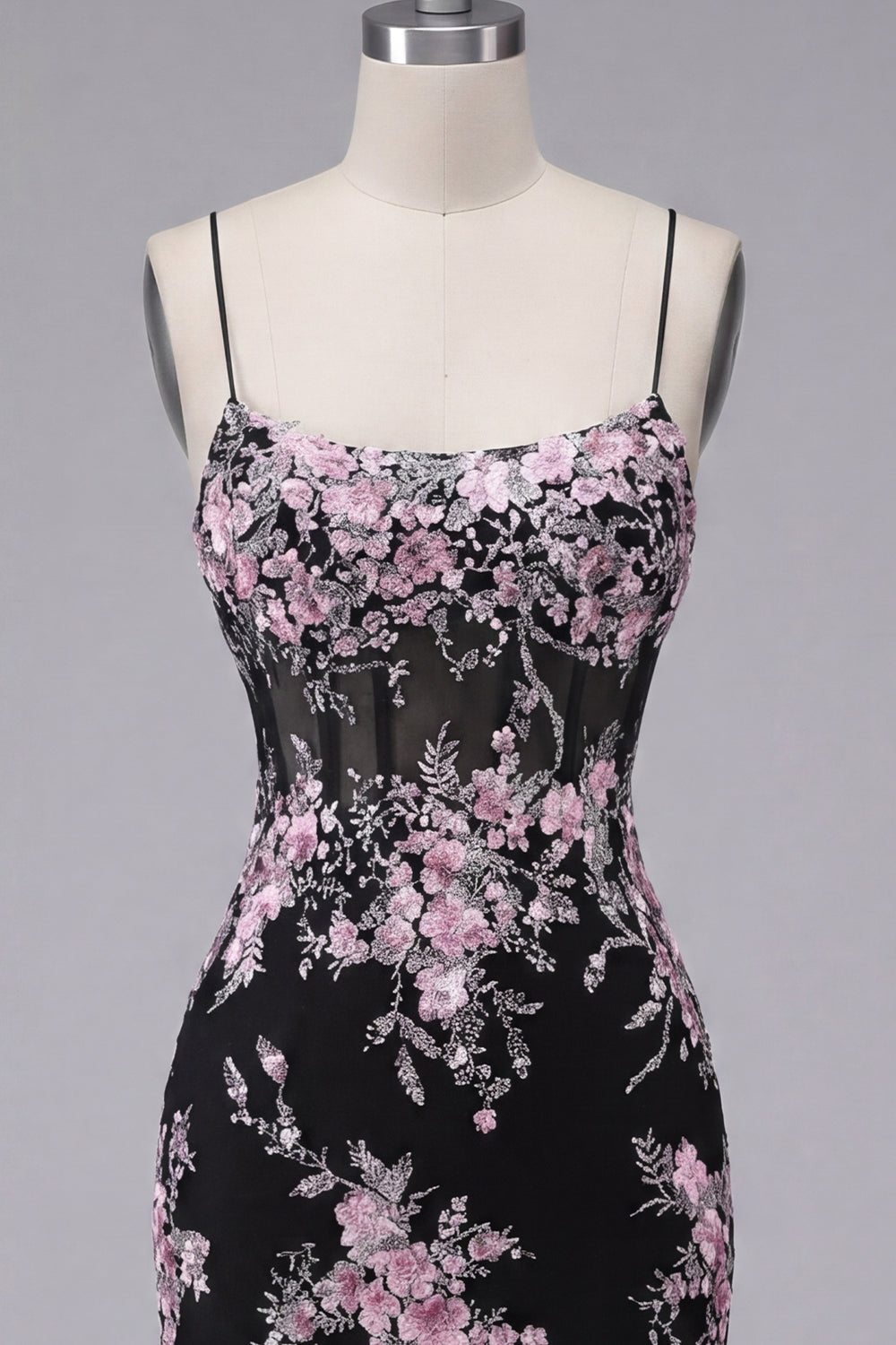 Black Pink Flower Spaghetti Straps Tight Short Corset Homecoming Dress