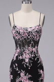 Black Pink Flower Spaghetti Straps Tight Short Corset Homecoming Dress