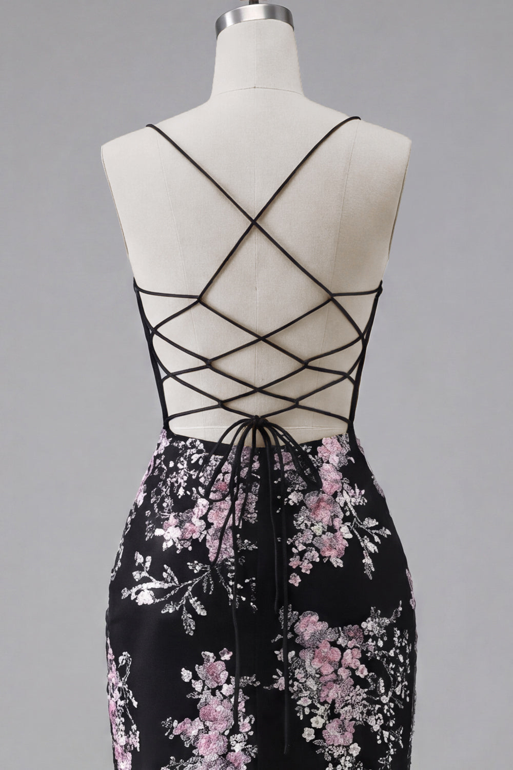 Black Pink Flower Spaghetti Straps Tight Short Corset Homecoming Dress