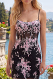 Black Pink Flower Spaghetti Straps Tight Short Corset Homecoming Dress