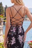 Black Pink Flower Spaghetti Straps Tight Short Corset Homecoming Dress