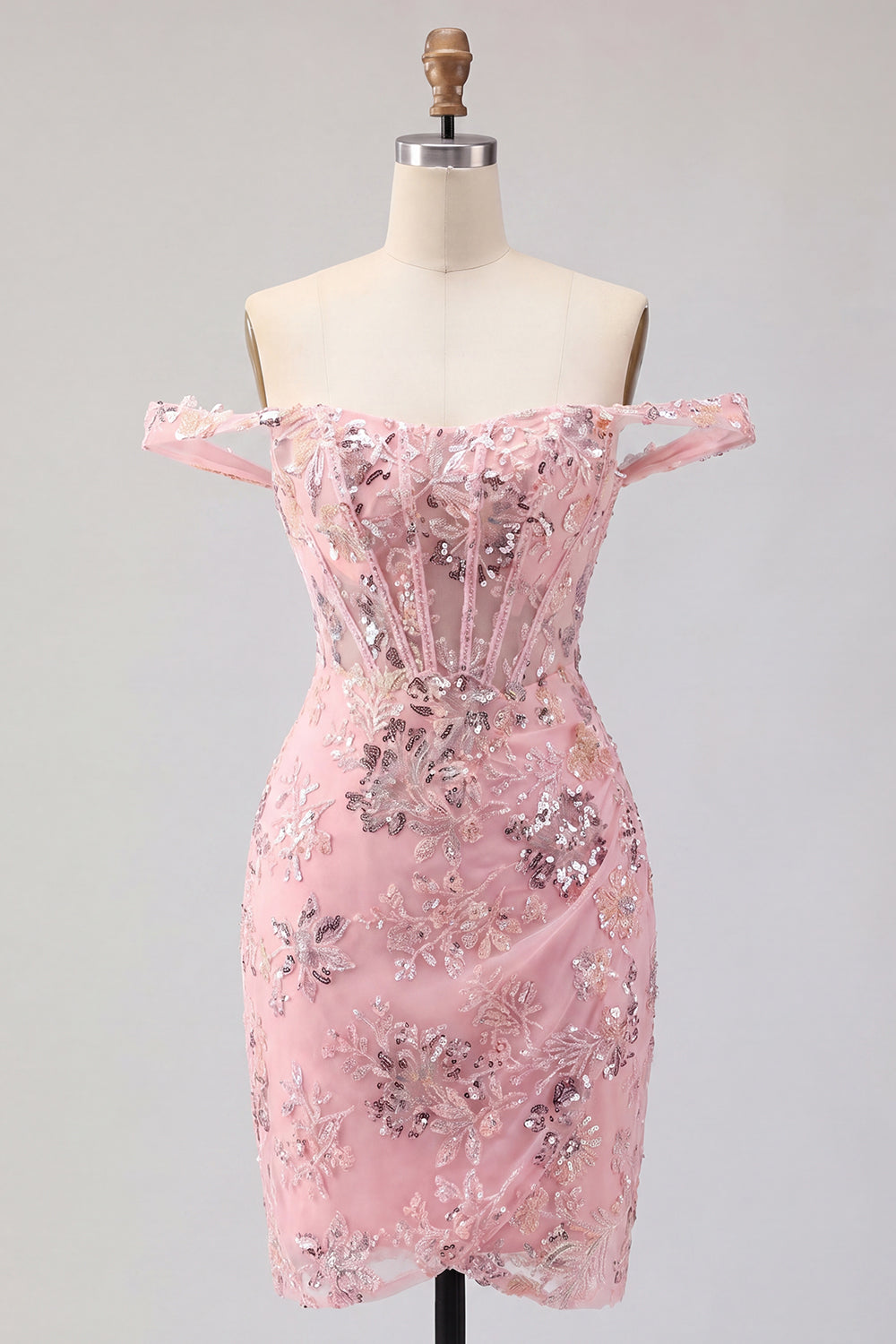 Floral Corset Tight Short Sparkly Blush Beaded Homecoming Dress