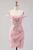 Floral Corset Tight Short Sparkly Blush Beaded Homecoming Dress