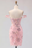 Floral Corset Tight Short Sparkly Blush Beaded Homecoming Dress