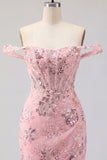 Floral Corset Tight Short Sparkly Blush Beaded Homecoming Dress