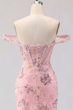 Floral Corset Tight Short Sparkly Blush Beaded Homecoming Dress
