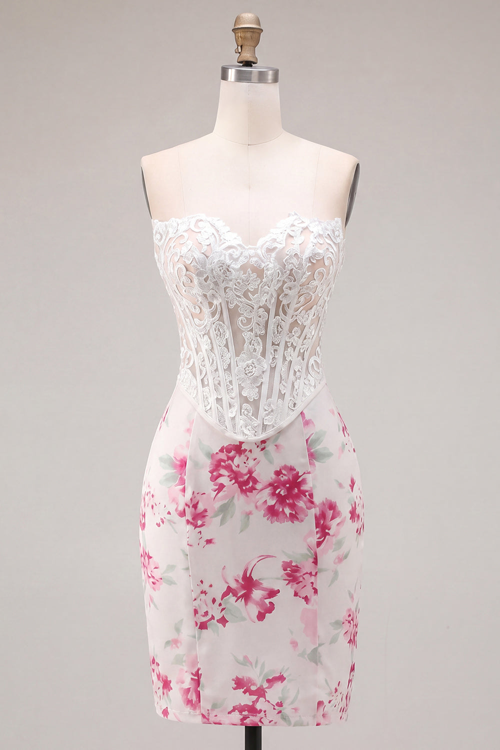 White Fuchsia Flower Sweetheart Tight Short Corset Homecoming Dress with Lace