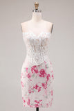 White Fuchsia Flower Sweetheart Tight Short Corset Homecoming Dress with Lace