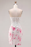 White Fuchsia Flower Sweetheart Tight Short Corset Homecoming Dress with Lace