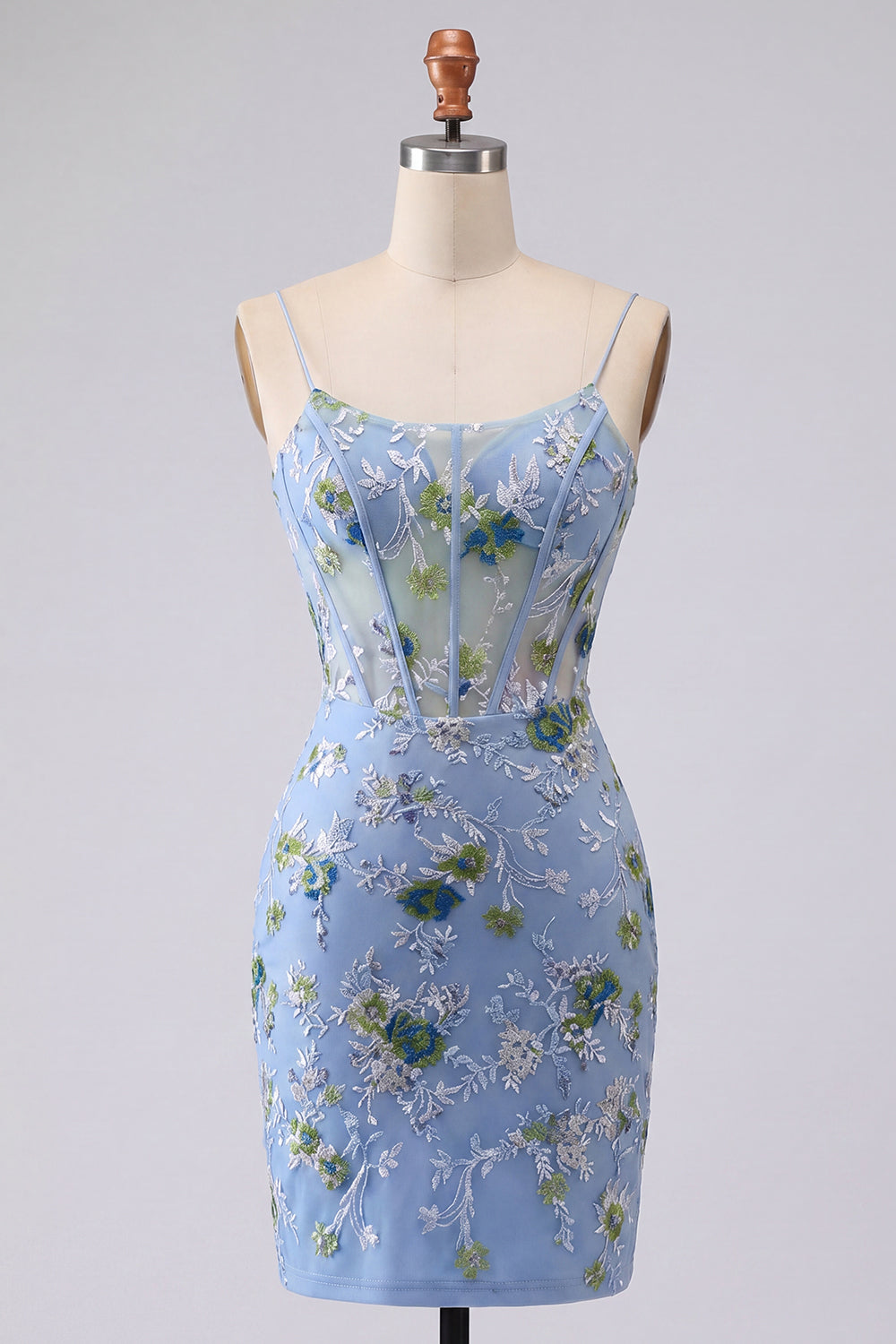 Blue Floral Spaghetti Straps Tight Short Corset Homecoming Dress