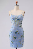 Blue Floral Spaghetti Straps Tight Short Corset Homecoming Dress