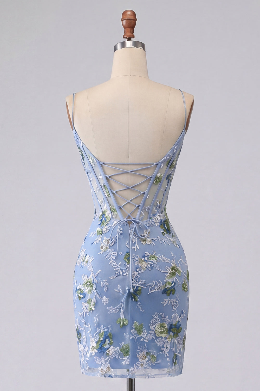 Blue Floral Spaghetti Straps Tight Short Corset Homecoming Dress