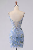 Blue Floral Spaghetti Straps Tight Short Corset Homecoming Dress