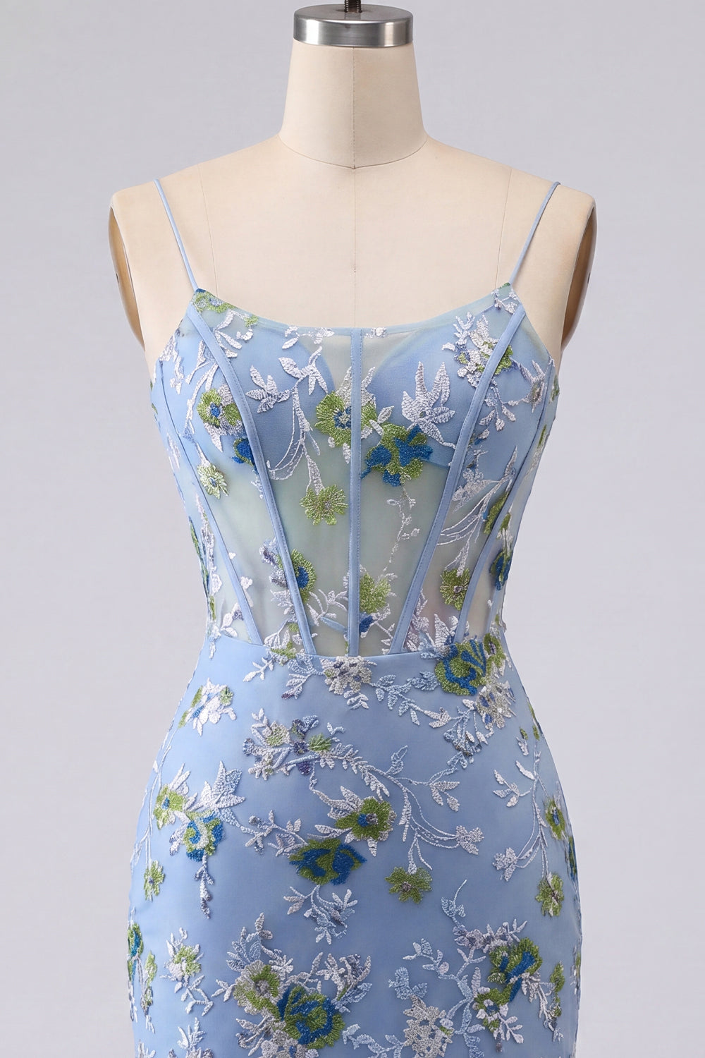 Blue Floral Spaghetti Straps Tight Short Corset Homecoming Dress