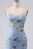 Blue Floral Spaghetti Straps Tight Short Corset Homecoming Dress
