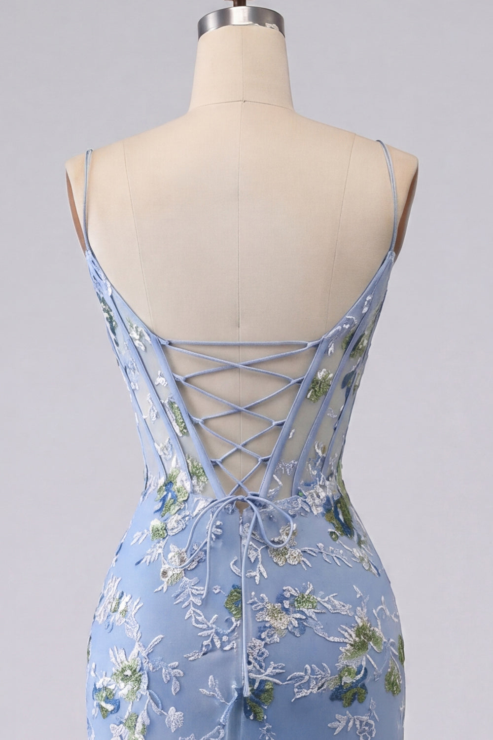 Blue Floral Spaghetti Straps Tight Short Corset Homecoming Dress