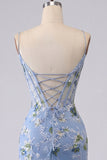 Blue Floral Spaghetti Straps Tight Short Corset Homecoming Dress