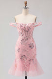 Sparkly Blush Floral Corset Tight Short Beaded Homecoming Dress