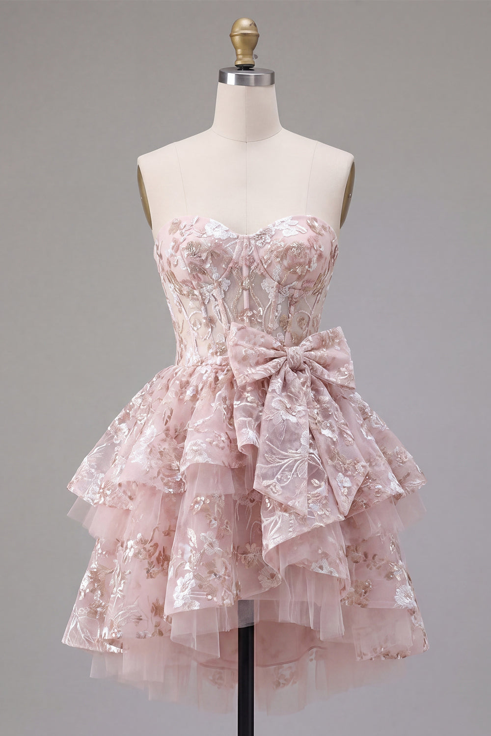 A Line Short Floral Sweetheart Pink Corset Ruffled Homecoming Dress with Bow