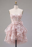 A Line Short Floral Sweetheart Pink Corset Ruffled Homecoming Dress with Bow
