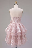 A Line Short Floral Sweetheart Pink Corset Ruffled Homecoming Dress with Bow
