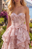 A Line Short Floral Sweetheart Pink Corset Ruffled Homecoming Dress with Bow