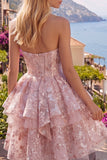 A Line Short Floral Sweetheart Pink Corset Ruffled Homecoming Dress with Bow