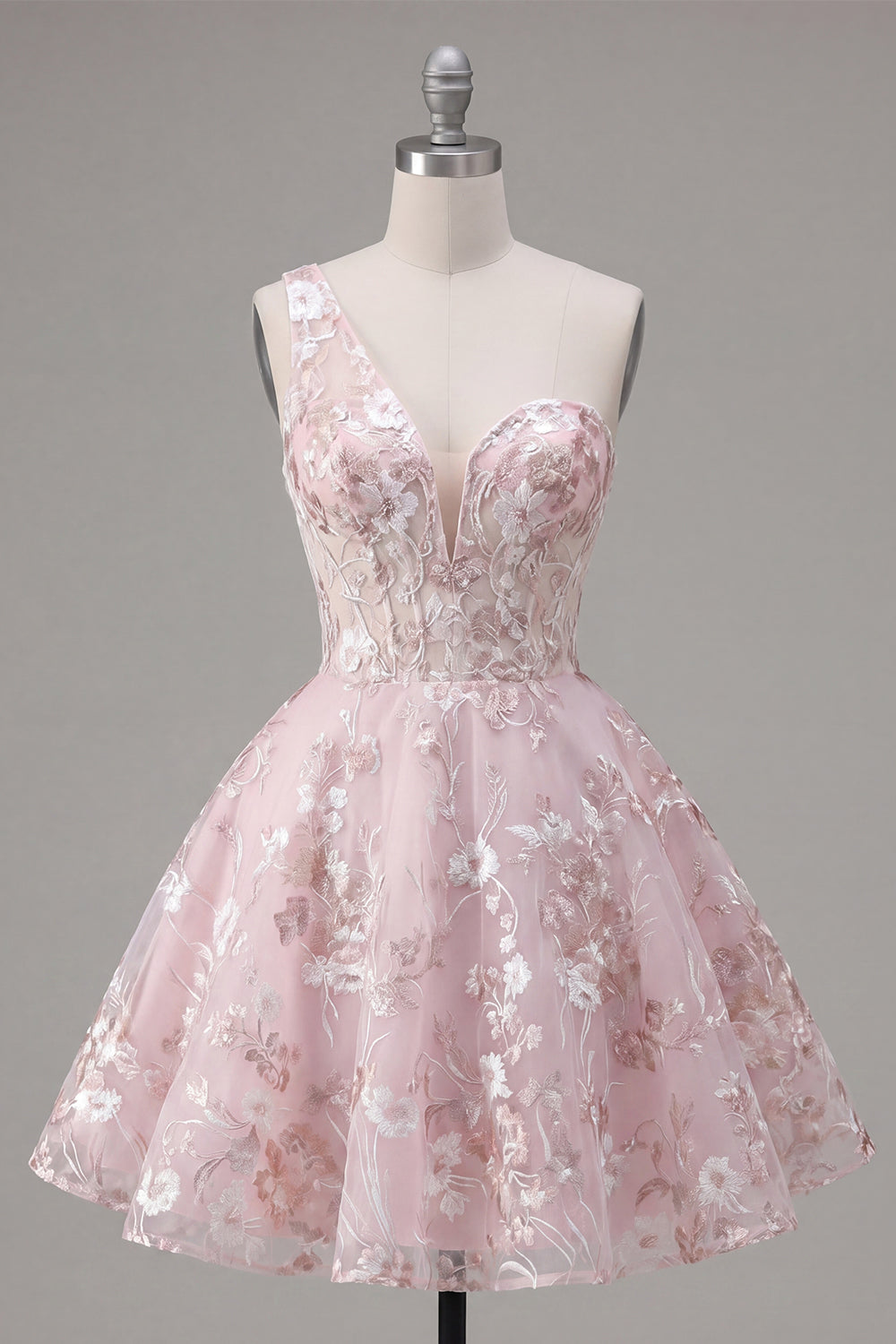 Floral A Line Short One Shoulder Pink Homecoming Dress