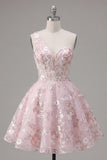 Floral A Line Short One Shoulder Pink Homecoming Dress