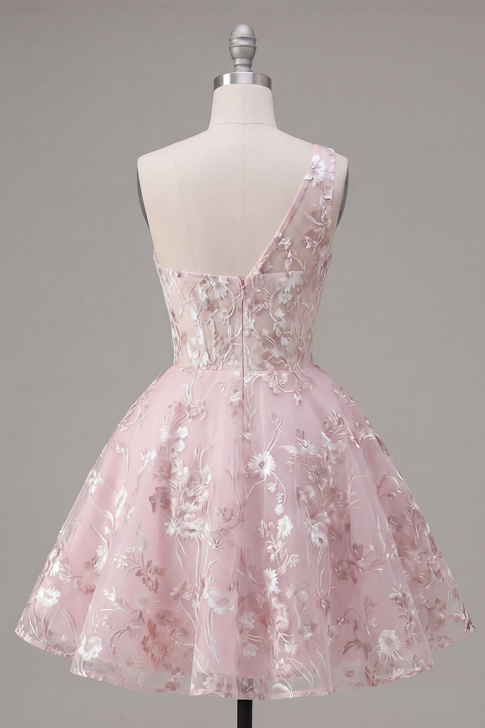 Floral A Line Short One Shoulder Pink Homecoming Dress