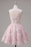 Floral A Line Short One Shoulder Pink Homecoming Dress
