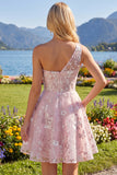 Floral A Line Short One Shoulder Pink Homecoming Dress