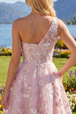 Floral A Line Short One Shoulder Pink Homecoming Dress