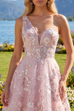 Floral A Line Short One Shoulder Pink Homecoming Dress