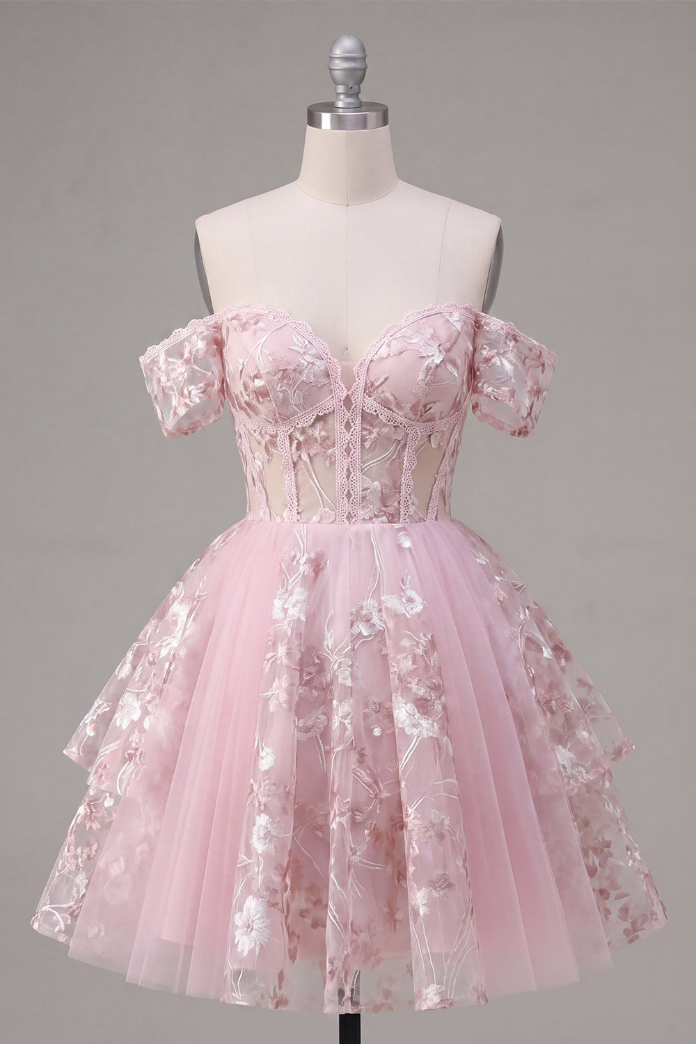 Floral A Line Off The Shoulder Short Pink Corset Homecoming Dress
