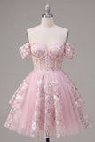 Floral A Line Off The Shoulder Short Pink Corset Homecoming Dress