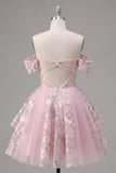Floral A Line Off The Shoulder Short Pink Corset Homecoming Dress