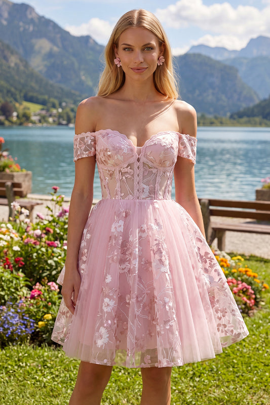 Floral A Line Off The Shoulder Short Pink Corset Homecoming Dress