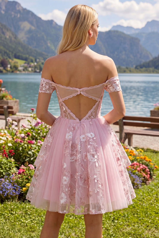 Floral A Line Off The Shoulder Short Pink Corset Homecoming Dress