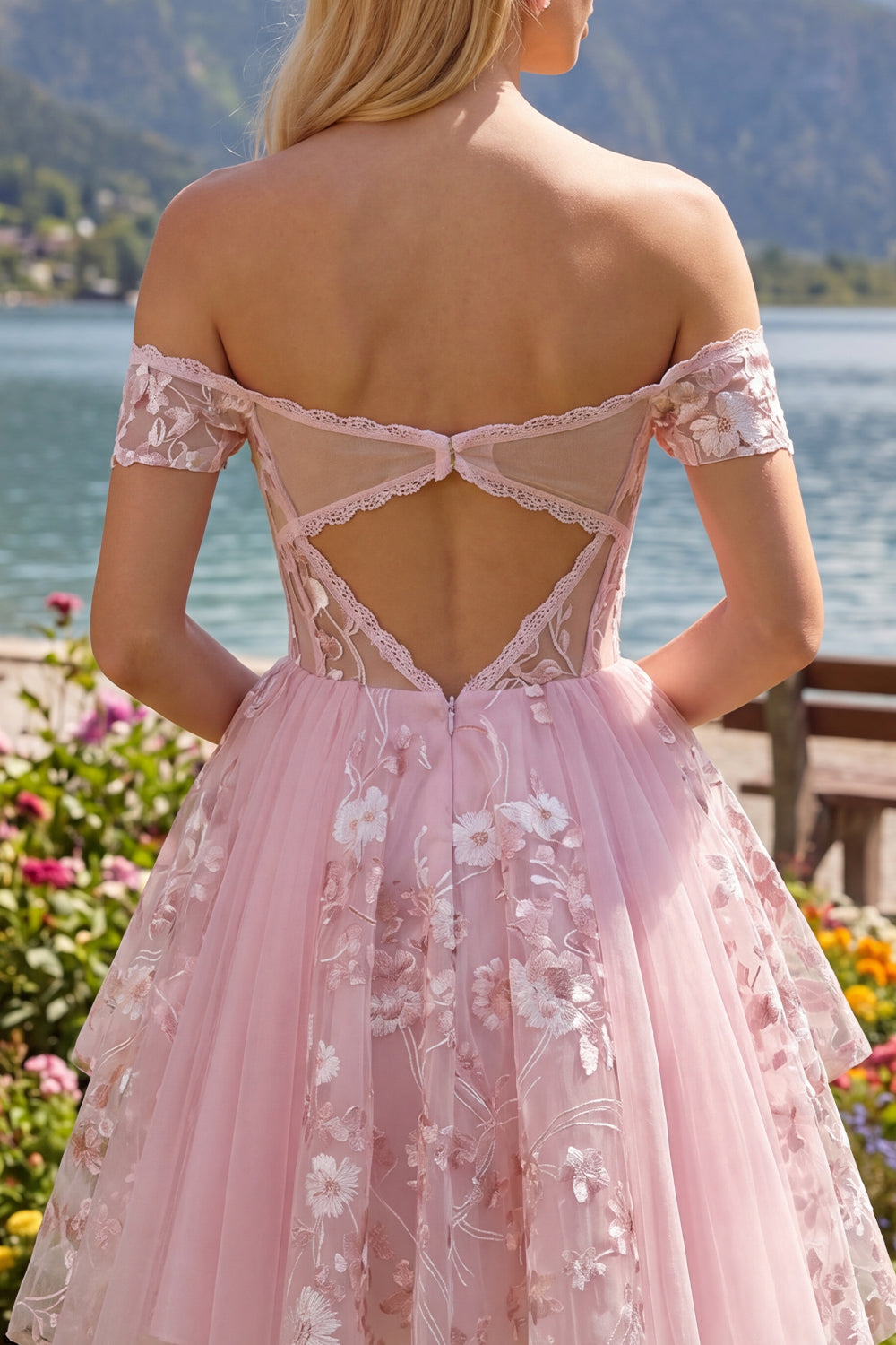 Floral A Line Off The Shoulder Short Pink Corset Homecoming Dress