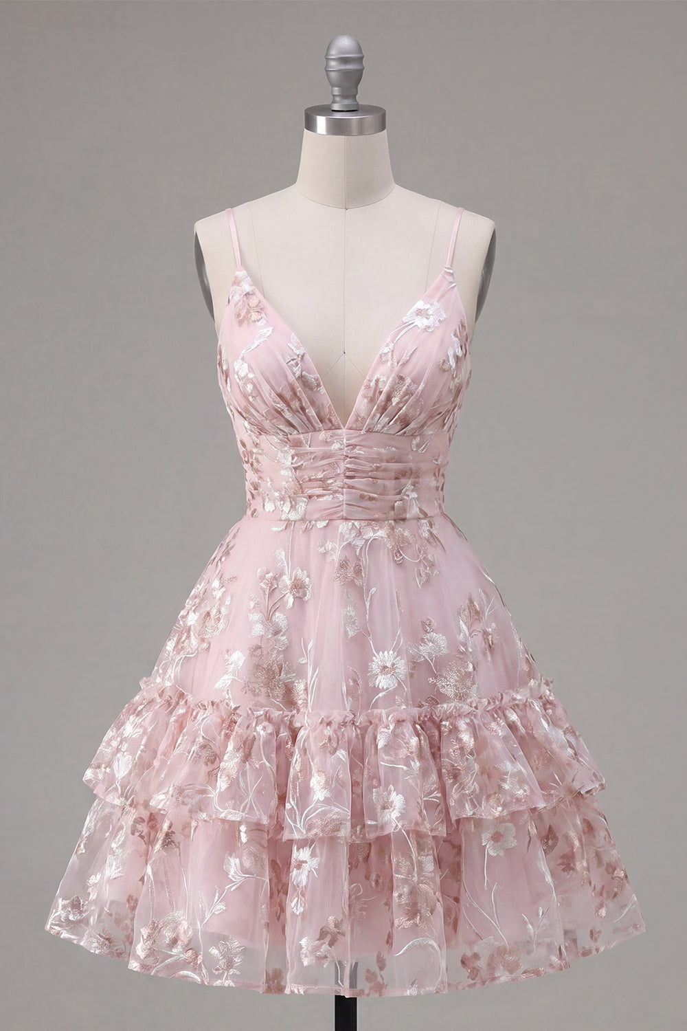 A Line V-Neck Short Floral Pink Ruched Tiered Ruffled Homecoming Dress