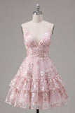 A Line V-Neck Short Floral Pink Ruched Tiered Ruffled Homecoming Dress