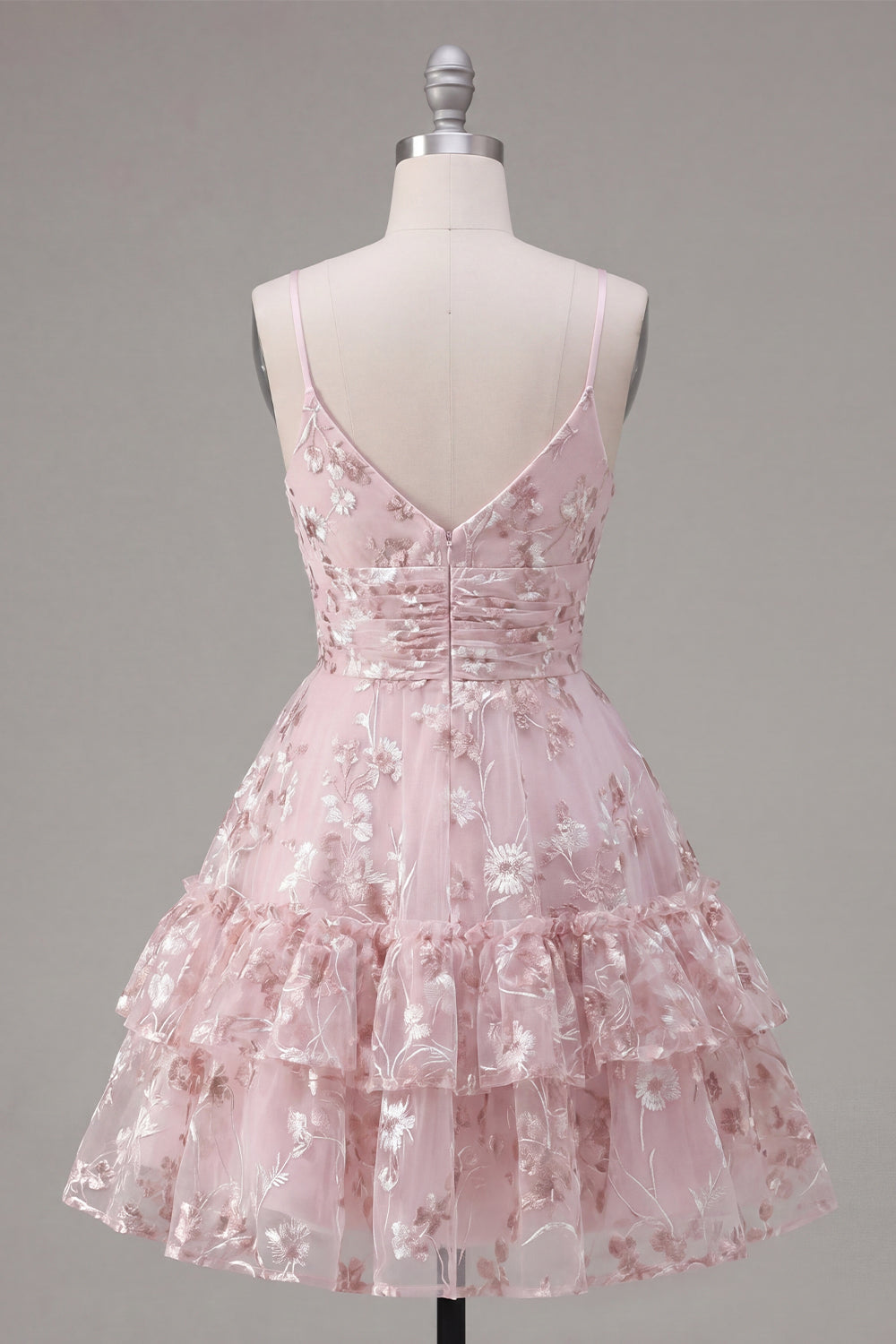 A Line V-Neck Short Floral Pink Ruched Tiered Ruffled Homecoming Dress