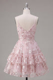 A Line V-Neck Short Floral Pink Ruched Tiered Ruffled Homecoming Dress