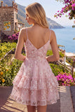 A Line V-Neck Short Floral Pink Ruched Tiered Ruffled Homecoming Dress