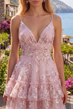 A Line V-Neck Short Floral Pink Ruched Tiered Ruffled Homecoming Dress