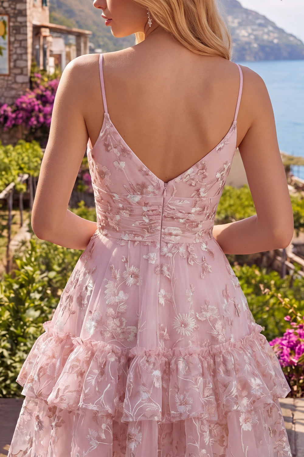 A Line V-Neck Short Floral Pink Ruched Tiered Ruffled Homecoming Dress