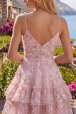 A Line V-Neck Short Floral Pink Ruched Tiered Ruffled Homecoming Dress