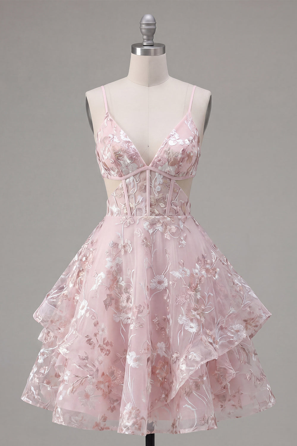 A Line V-Neck Short Floral Pink Cut Out Ruffled Corset Homecoming Dress