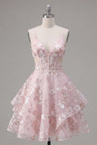 A Line V-Neck Short Floral Pink Cut Out Ruffled Corset Homecoming Dress